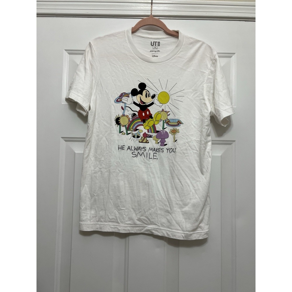 Disney x Uniqlo Floral Mickey Mouse Mushrooms White T Shirt Unisex Sz Medium